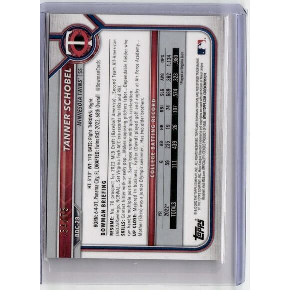 Tanner Schobel Twins 2022 Bowman Chrome Gold #BDC-28 34/75 - Picture 2 of 2